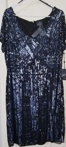 Adrianna Papell beaded navy cocktail dress.